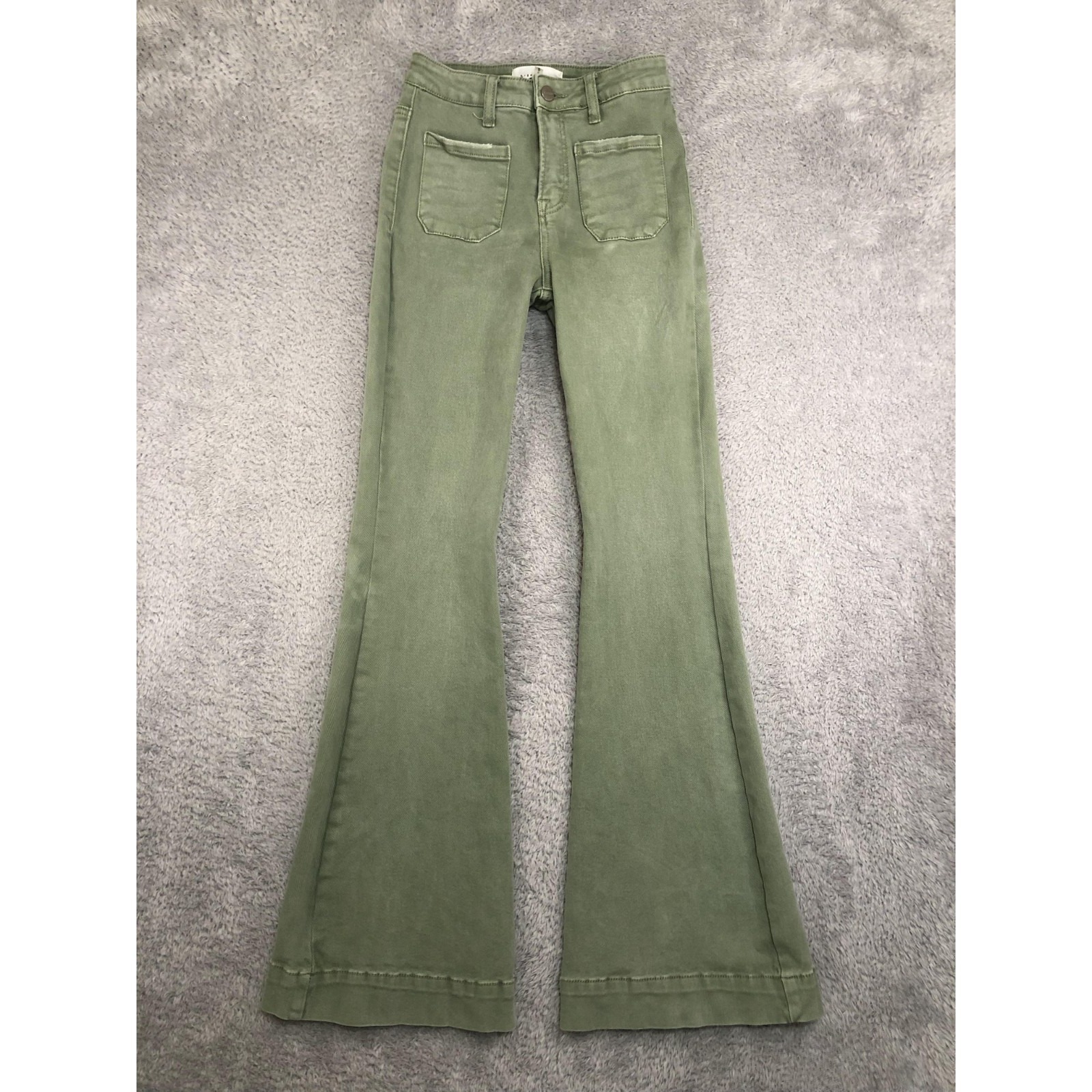 Risen Jeans Women's 1 (24x33) Green Flare Bell Bottom Mid Rise Patch Pocket
